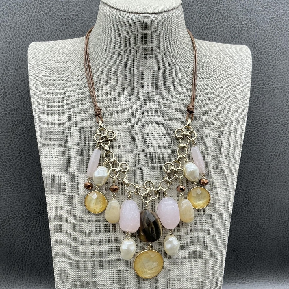 Chicos Necklace Multicolor Bib Statement Pendant Womens Brown Cord Gold Tone 20"